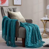 Blue Knitted Tassels- Throw Blanket